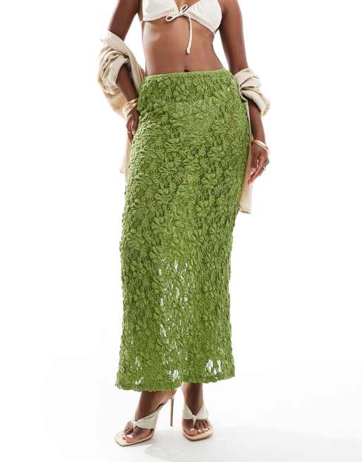ASOS DESIGN - Jupe longue en dentelle transparente avec détail cousu - Kaki