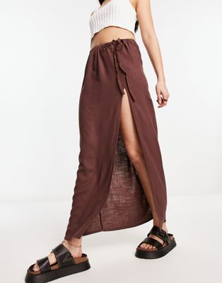ASOS DESIGN linen maxi skirt with high split in chocolate - ASOS Price Checker