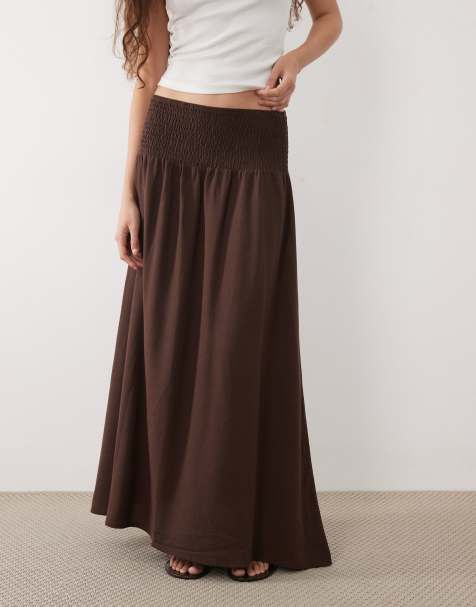 ASOS DESIGN - Jupe longue en lin mélangé à taille froncée - Chocolat - view 1