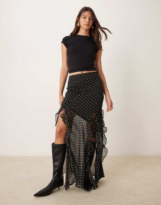 ASOS DESIGN - Jupe longue en mousseline à pois et volants - Noir et blanc