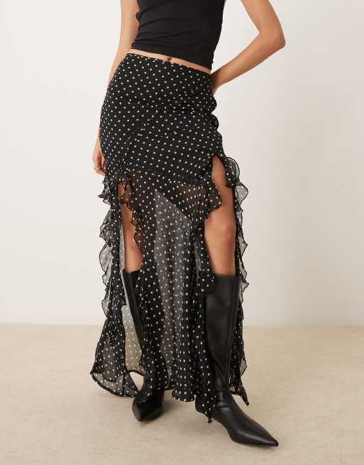 ASOS DESIGN Jupe longue en mousseline à pois et volants Noir