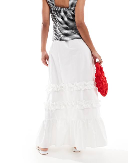 ASOS DESIGN - Jupe longue en popeline à volants étagés - Blanc, 2 de 5