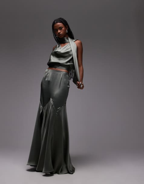 ASOS DESIGN - Jupe longue en satin coupée en biais à empiècements - Kaki - view 1