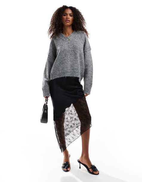 ASOS DESIGN - Jupe longue en satin et dentelle - Noir - view 1