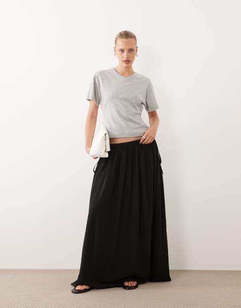 ASOS DESIGN - Jupe longue et douce en tissu froissé avec liens noués à la taille - Noir - view 1