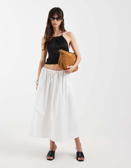 ASOS DESIGN - Jupe longue et évasée en popeline avec liens noués à la taille - Blanc, 2 de 5