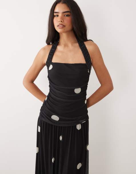 ASOS DESIGN - Jupe longue évasée en tissu doux à pois avec encolure américaine froncée - view 1