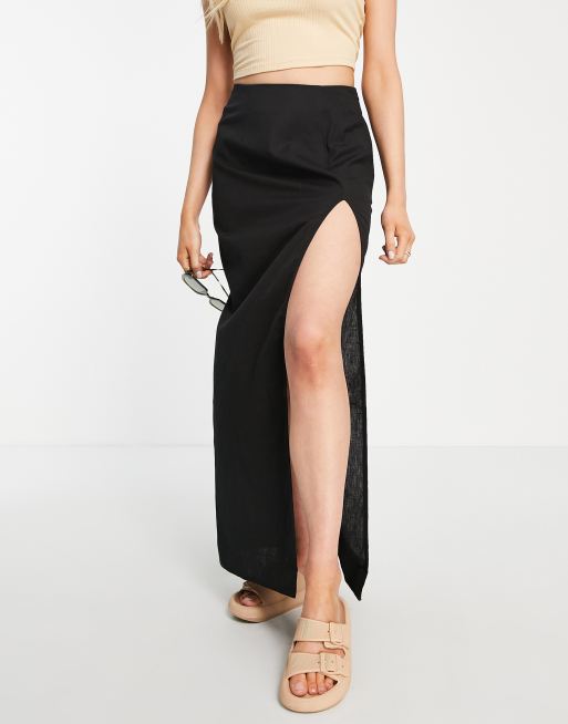 ASOS DESIGN Jupe longue fendue en lin Noir