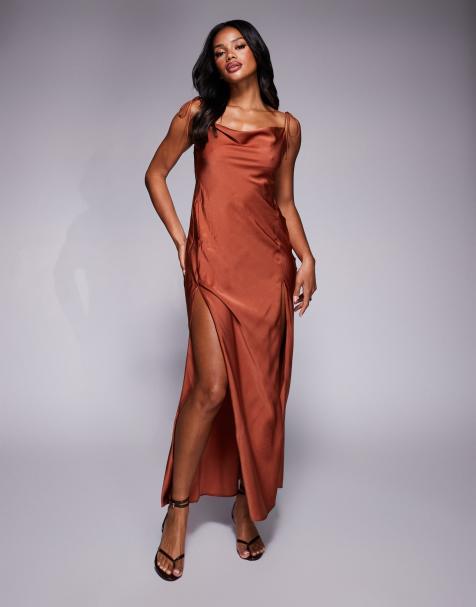 ASOS DESIGN - Jupe longue fendue en satin à bretelles nouées - Marron - view 1
