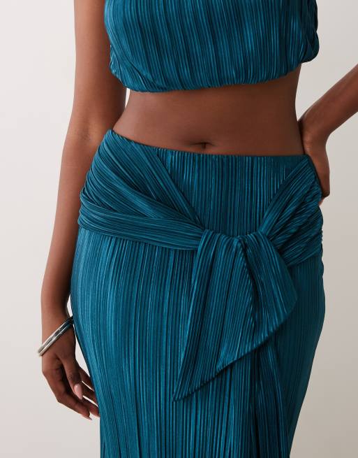 ASOS DESIGN - Jupe longue plissée d'ensemble avec ceinture nouée - Sarcelle, 3 de 5