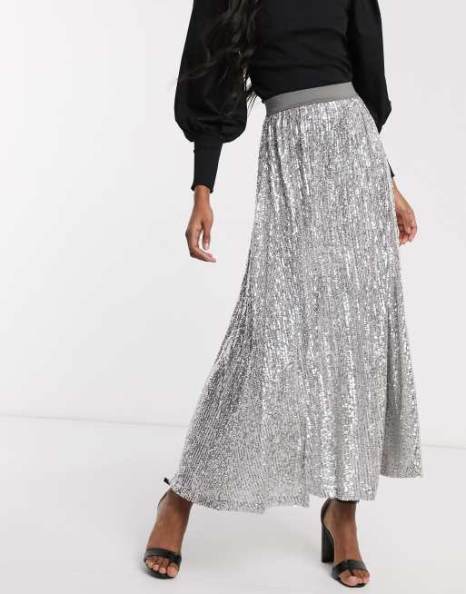 ASOS DESIGN Jupe longue pliss e orn e de sequins Gris