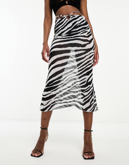 ASOS DESIGN Jupe longue style sir ne en tulle avec liens la taille et imprim animal Noir et blanc