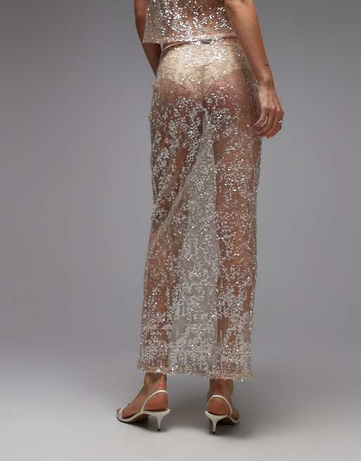 ASOS DESIGN - Jupe longue transparent en tulle à sequins - Or rose, 3 de 5