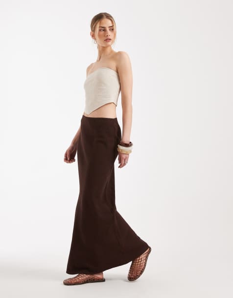 ASOS DESIGN - Jupe longueur mollet coupée en biais en lin - Marron - view 1
