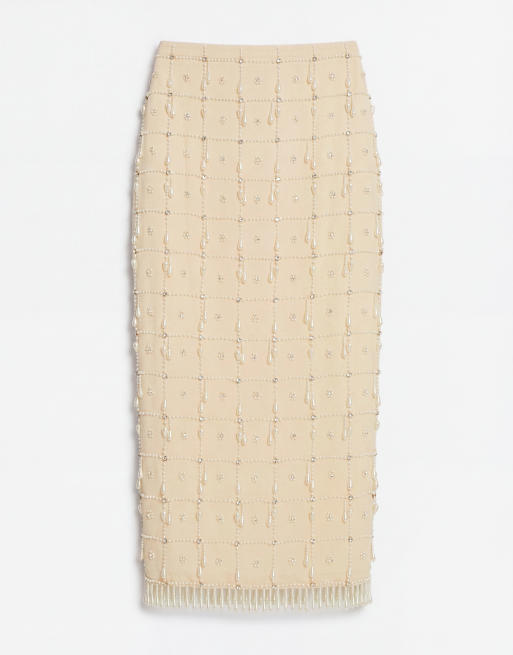 ASOS DESIGN jupe mi-longue à motif quadrillé et franges de perles, couleur crème, 6 de 9