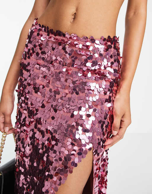 ASOS DESIGN - Jupe mi-longue à sequins avec fente montante - Rose profond, 3 de 4
