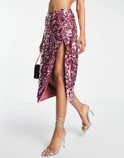 ASOS DESIGN - Jupe mi-longue à sequins avec fente montante - Rose profond, 4 de 4