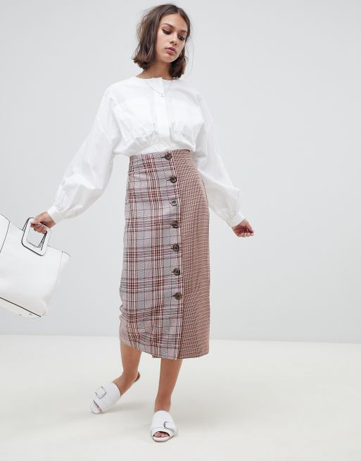 ASOS DESIGN - Jupe mi-longue ajustée découpée à carreaux et boutons
