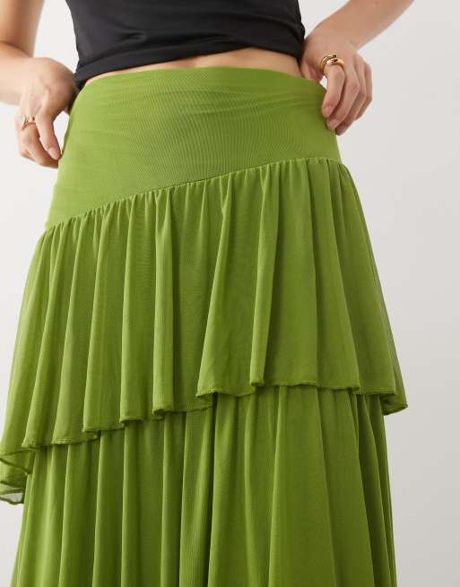 ASOS DESIGN jupe mi-longue asymétrique à volants en tulle vert, 2 de 5