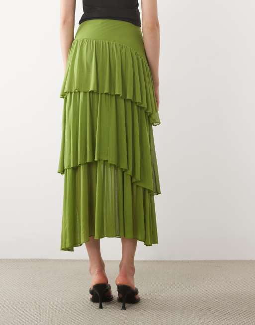 ASOS DESIGN jupe mi-longue asymétrique à volants en tulle vert, 3 de 5