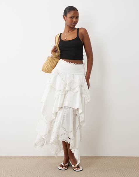 ASOS DESIGN - Jupe mi-longue asymétrique en broderie anglaise ajourée - Blanc - view 1