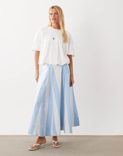 ASOS DESIGN - Jupe mi-longue bouffante à taille basse et godets - Bleu et blanc rayé - view 1