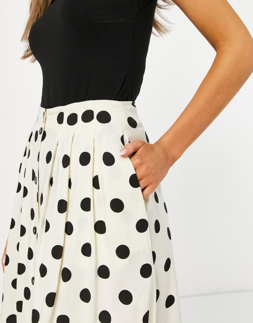 ASOS DESIGN - Jupe mi-longue boutonnée à poches larges - Crème et pois noirs, 3 de 4