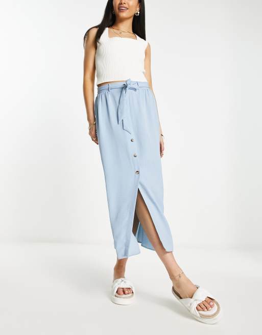 ASOS DESIGN Jupe mi longue boutonnee avec ceinture a nouer Bleu ASOS