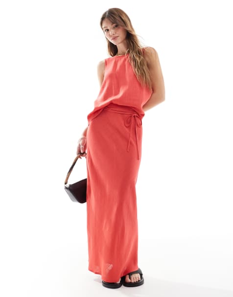 ASOS DESIGN - Jupe mi-longue coupée en biais en lin mélangé - Rouge - view 1