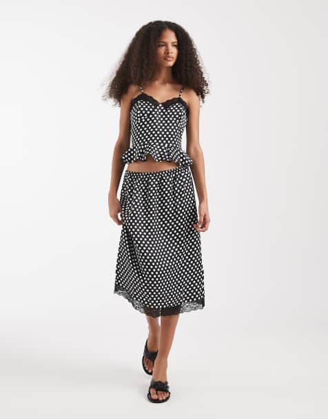 ASOS DESIGN - Jupe mi-longue d'ensemble à pois en satin avec bordure en dentelle style années 90 - view 1