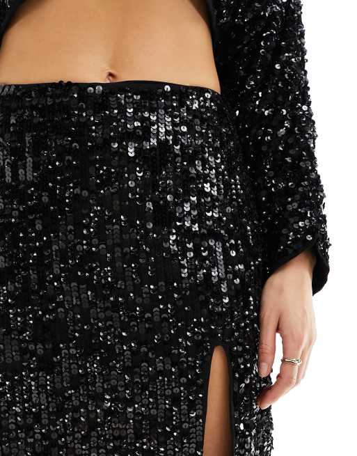 ASOS DESIGN Jupe mi longue d ensemble a sequins avec fente Noir ASOS