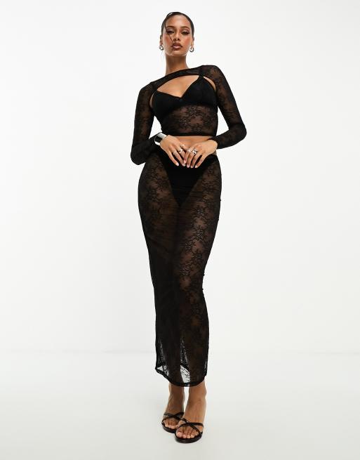 ASOS DESIGN Ensemble en dentelle avec caraco bolero et jupe mi longue Noir ASOS