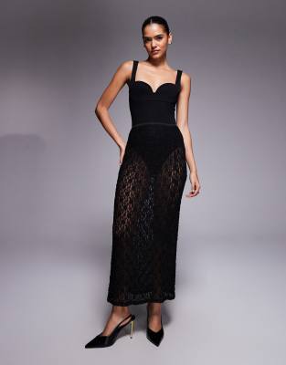 ASOS DESIGN - Jupe mi-longue d'ensemble en dentelle transparente - Noir