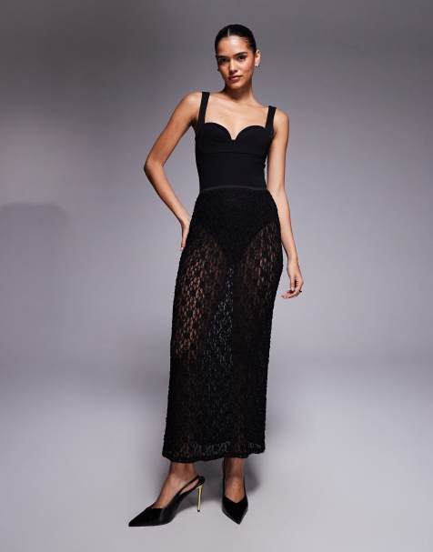 ASOS DESIGN - Jupe mi-longue d'ensemble en dentelle transparente - Noir - view 1