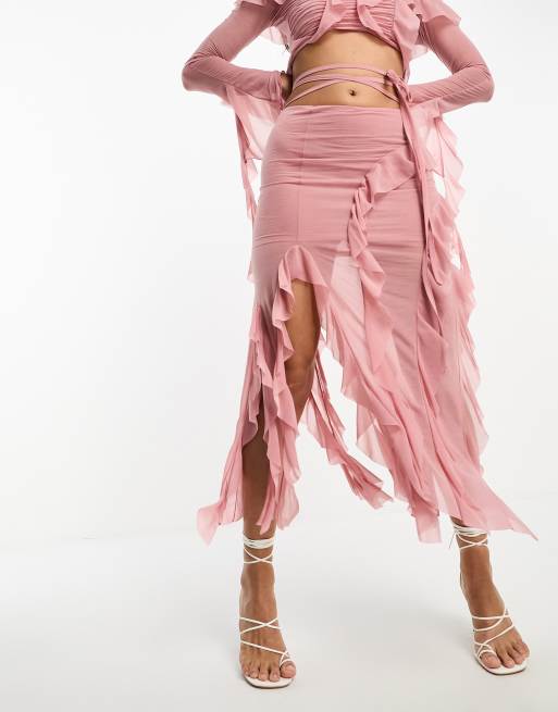 ASOS DESIGN Jupe mi longue d ensemble en tulle a larges volants Peche ASOS