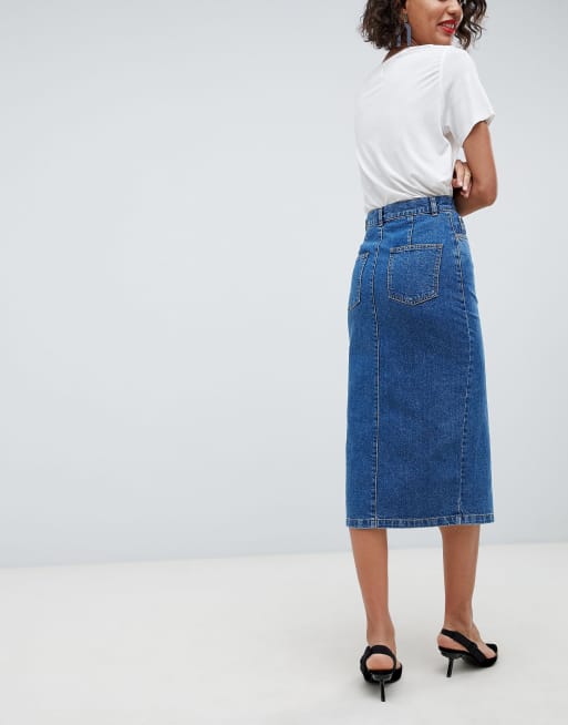 Asos Design Jupe Mi Longue En Jean Avec Fente Sur Le Devant Bleu Delave Moyen Asos