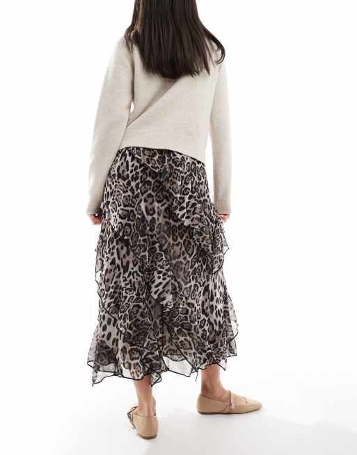ASOS DESIGN - Jupe mi-longue en mousseline à volants et imprimé animal, 2 de 5