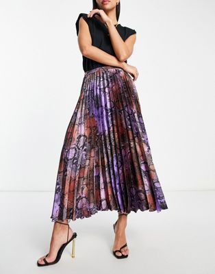 ASOS DESIGN satin pleated midi skirt in purple snake print  - ASOS Price Checker