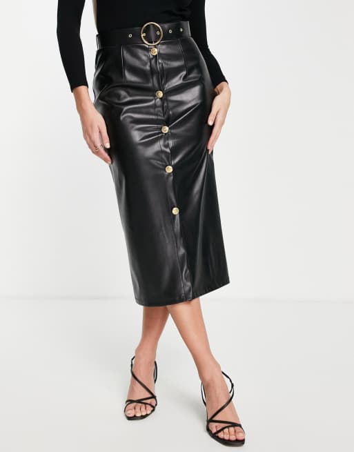ASOS DESIGN - Jupe mi-longue en similicuir boutonnée sur le devant - Noir 