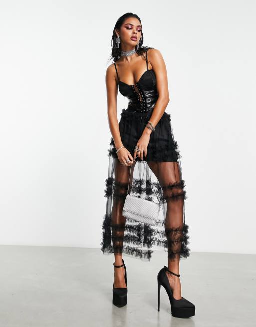 ASOS DESIGN Jupe mi longue en tulle volants tag s Noir ASOS