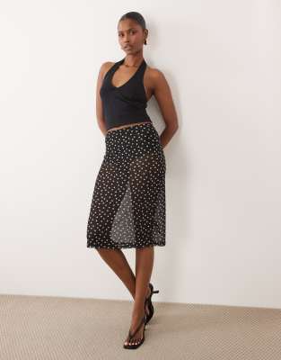 Jupe mi-longue en tulle transparent à pois - Noir-multicolore 44