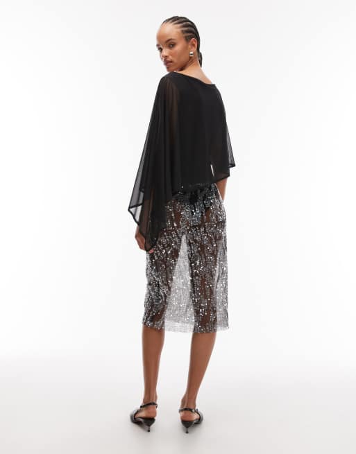 ASOS DESIGN - Jupe mi-longue en tulle transparent orné de sequins - Noir, 4 de 5