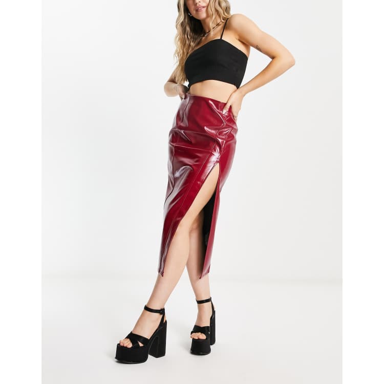 ASOS DESIGN Jupe mi longue fendue en vinyle Rouge ASOS