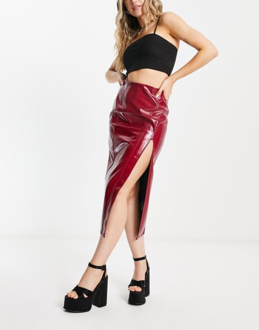 ASOS DESIGN Jupe mi longue fendue en vinyle Rouge ASOS