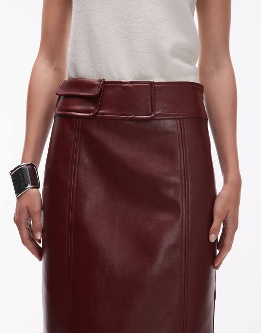 ASOS DESIGN - Jupe mi-longue imitation cuir avec poche au niveau de la taille - Bordeaux, 3 de 5