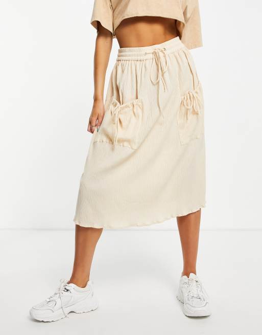 ASOS DESIGN - Jupe mi-longue naturellement froissée avec cordon de serrage à la taille - Crème, 2 de 4