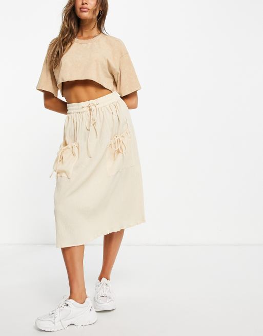 ASOS DESIGN - Jupe mi-longue naturellement froissée avec cordon de serrage à la taille - Crème, 4 de 4