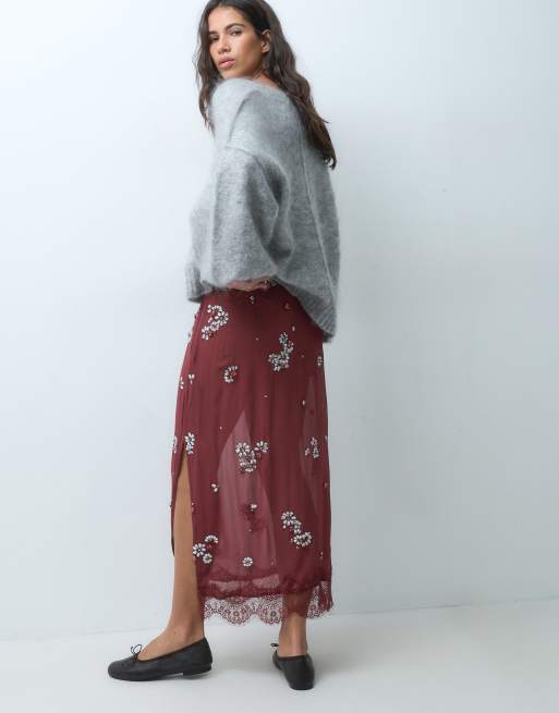 ASOS DESIGN jupe mi-longue ornée de dentelle bordeaux, 3 de 5