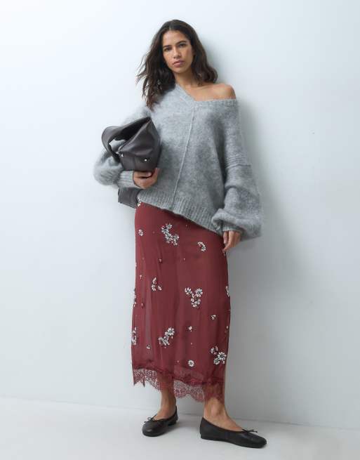 ASOS DESIGN jupe mi-longue ornée de dentelle bordeaux, 5 de 5