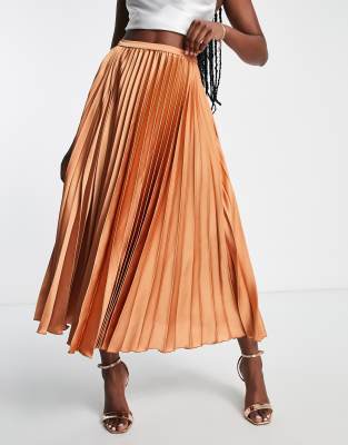 ASOS DESIGN satin pleated midi skirt in tan - ASOS Price Checker